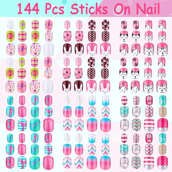 Kids Press on Nails, Thrilez 144Pcs Girls False Nails Children Artificial Fake Nail Tips Pre Glue Stick on Short Nails Decoration Gift for Kids Teens Girls Age 7 12 (Colorful Days)