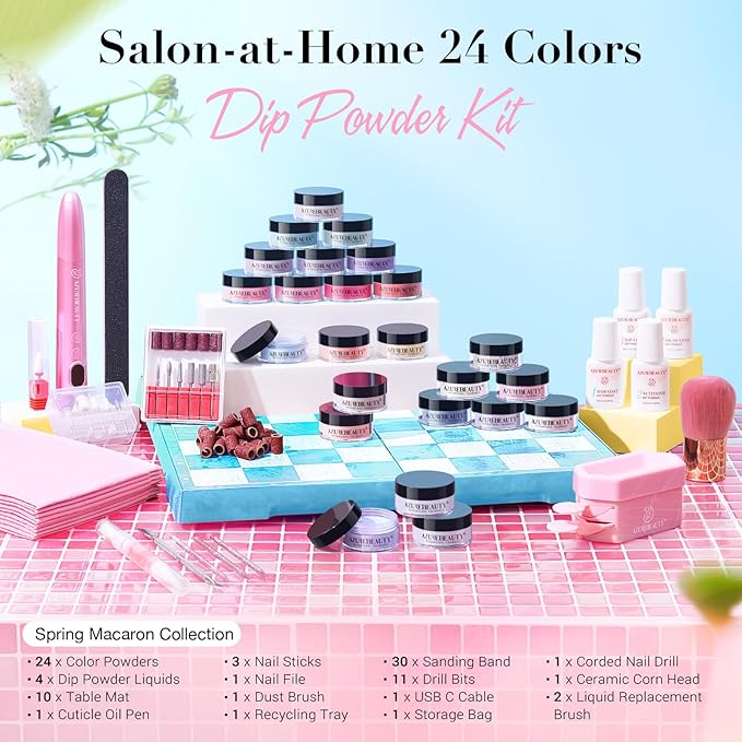 AZUREBEAUTY Dip Powder Nail Kit with Electric Nail Drill 24 Colors Spring Summer Macarons Purple Pink Nail Starter Kit with Dip Liquids Base Top Coat Activator Portable French Art Essential Easter Set