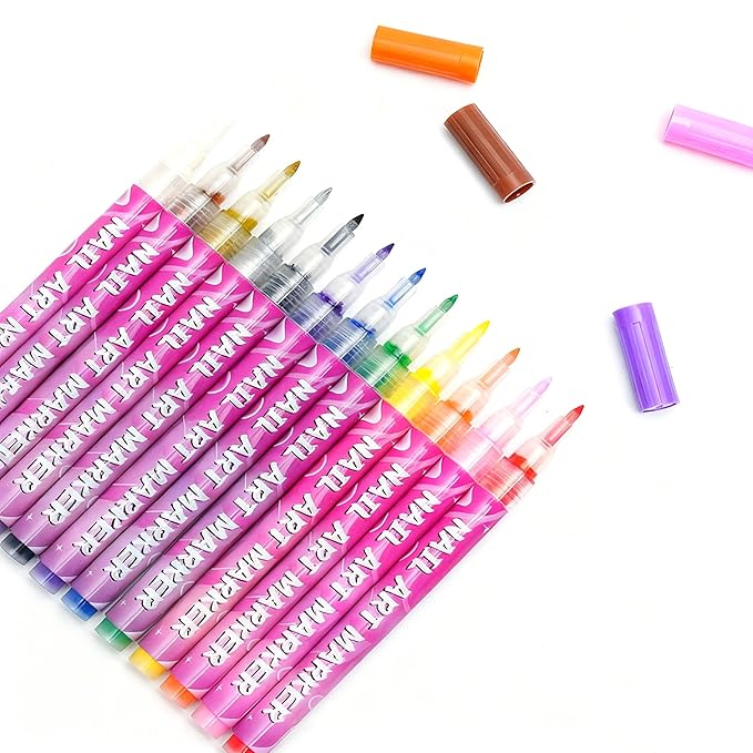 12 Colors Nail Art Pens Set, Fine Tip Nail Art Markers For 3D Drawing, Quick Dry Nail Polish Pens Kit For Women Girls DIY Manicure Nail Art Tools (0.7 mm)