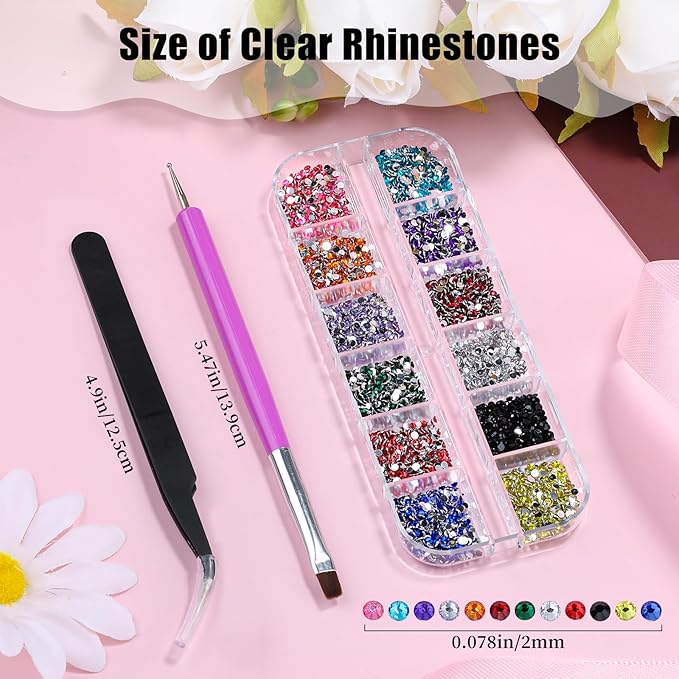 4000pcs 2mm Flatback Nail Art Rhinestones, Resin 3D Sparkling Nails Crystal Diamonds Gems Mini Charms with Tweezers and Dual-end Brush for Nail Art, Crafts Artwork DIY, Face Makeup Gems Jewels (6-K1)