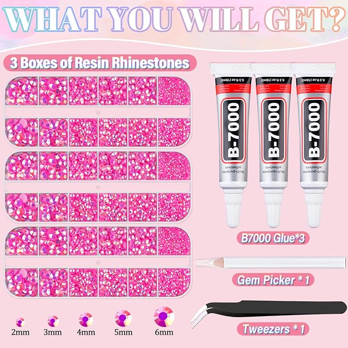 Resin Rhinestones for Crafting with 3Pcs 10ml B7000 Jewelry Glue, 3 Boxes Hot Pink AB Flatback Gems Crystals Diamond for Bedazzling Crafts DIY Nail Art Makeup,Gems for Clothing Tumblers Shoes