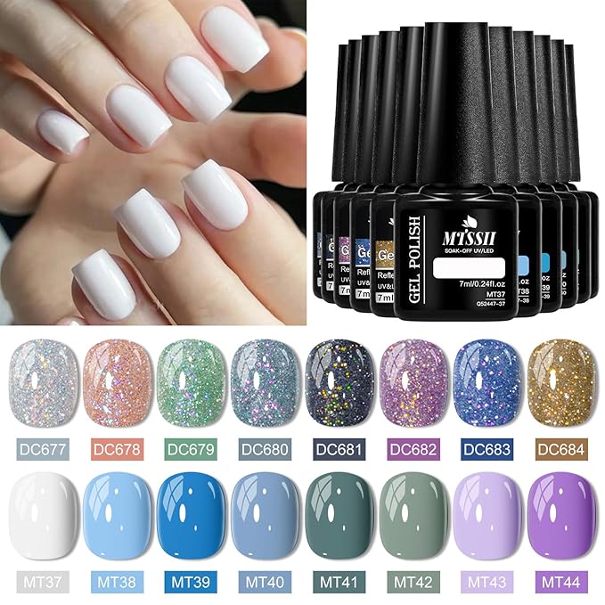 MTSSII Glitter Gel Nail Polish 18 Pcs Blue Purple Green White Gel Nail Polish with Base Gel Set Pink Blue Black Reflection Glitter Polish Kit for DIY Nail Art Women Gifts