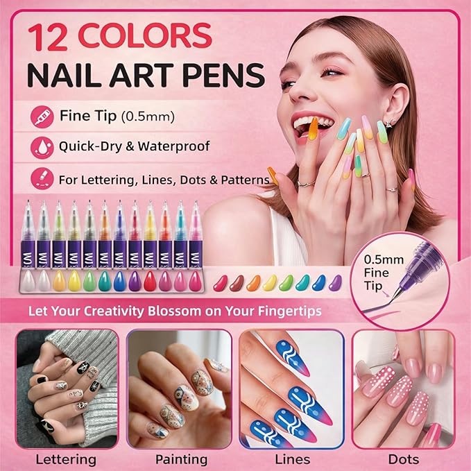 12 Colors Nail Art Pens Set, Quick Dry Nail Art Markers & Nail Polish Pens for Drawing, Painting and Dotting, DIY Manicure Tools for Nail Design, Home Salon Use