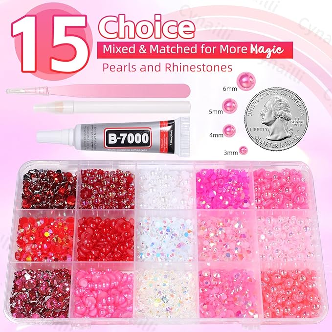 15 Grids Pearls and Resin Rhinestones for Crafting, Pink Red Colors White Bedazzling Gems Kit, Jelly Resin Rhinestones for Nails Face Eyes Makeup Crafts Tumblers Bottles