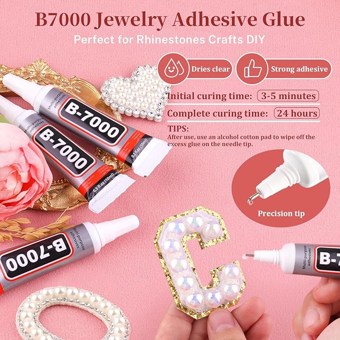 Flatback Pearls for Crafting with 3Pcs 10ml B7000 Jewelry Glue, 1 Box of Half Round White AB Pearls, Bedazzling Beads for DIY Crafts Clothing Tumblers Shoes Embellishment Nail Art