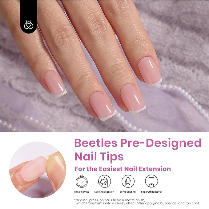 Beetles Short Square French Tip Press on Nails, 224Pcs French Tip Press on Nails Pink Short Square Shape Nail Tips, No Need to File Fake Nails for Nail Art DIY Gifts for Women