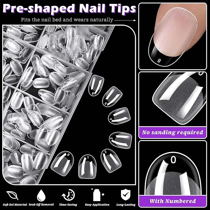 LoveOurHome 600pc Extra Short Oval Nail Tips Clear Fake Nails XS Round Almond Gel Nail Tips Full Cover Acrylic Nails Clear Press on Nails Short Oval 15 Size False Fingernail for Gel Nail Extension