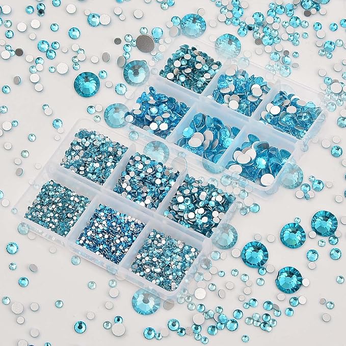 NCB 8000pcs Non Hotfix Rhinestones 10 Sizes Flatback Crystal Glass Rhinestones with Tweezers and Picking Pen for Nail Art Clothes Bags Phone Decorations Crafts DIY (004 Aquamarine Mix SS3-SS30)