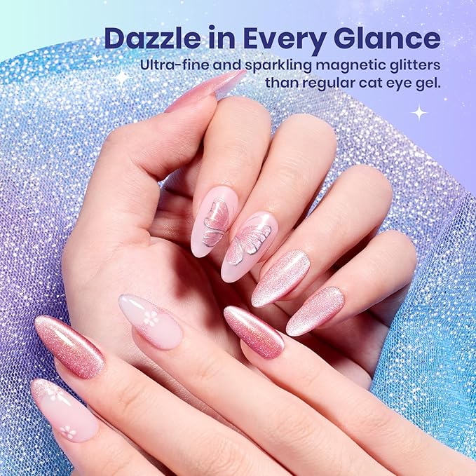 Beetles Romantic Galaxy Cat Eye Gel Nail Polish Set - 6 Colors Glitter Gel Polish Kit Pink Blue Purple Red Green Velvet Gel Magnet Soak Off UV French Nail Art Manicure Spring Summer Gift for Women