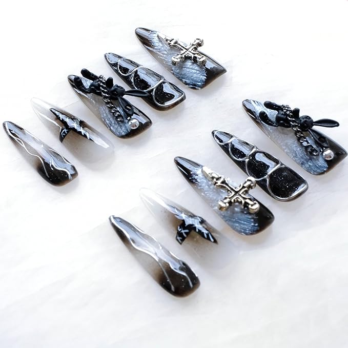 Gothic Press-On Nails, Long Stiletto Shape, Black with 3D Bunny and Cross Design, Handmade False Nail 10 Pieces (XS, LS)