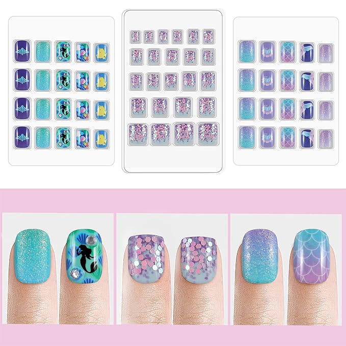 Laza 64pcs Children Nails Press On Pre-glue Full Cover Glitter Tropical Fish Shell Scale Short False Nail Kits for Kids Teenager Girls - Blue Purple Mermaid