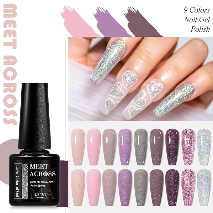 MEET ACROSS 9 Colors Gel Nail Polish + 3PCS Function Gel Nail Polish Kit,Fashion Nail Art Set Design Gifts for Women Manicure Salon (SET9, 12pcs)