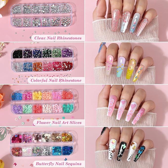 Acrylic Fake Nails Kit Press On Nail Kit with Clear Coffin Nail Tips Nail Display Stand Sequins Sticker Rhinestones Decorations Nail Glue Nail Clay Fine Glitter DIY Nail Art Tool and Supplies