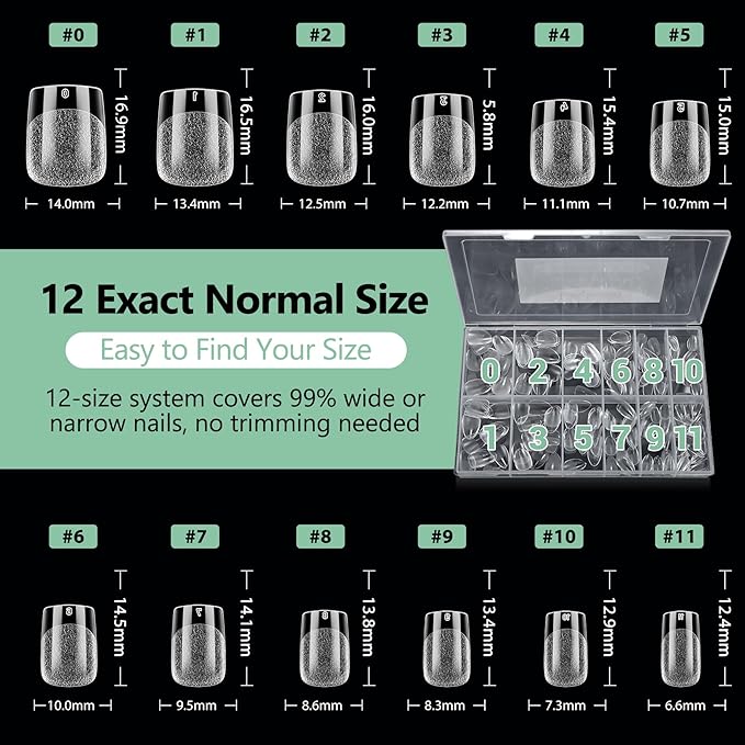 Extra Short Square Nail Tips, 216pcs Acrylic Fake Nails Soft Gel Nail Tips, Full Cover Pre-Shaped Matte Clear Press on Nails for Extension, Diy at Home Manicure 12 Sizes