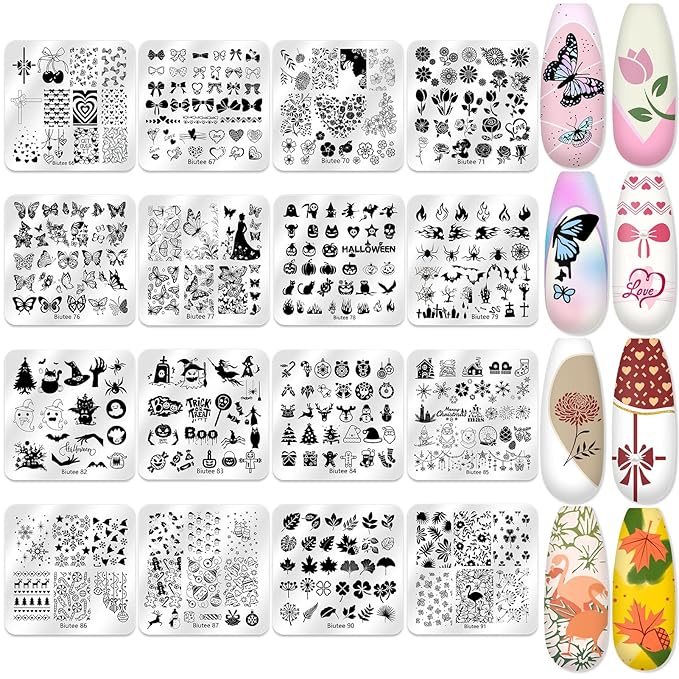 Biutee Nail Stamping Plate 20Pcs Nail Stamper Kit 16Pcs Nail Art Stamping Plates with Silicone Stamper, Scraper & Storage Bag, Stamp Plates Star Plaid Love Leaf Template Holiday Design Gift