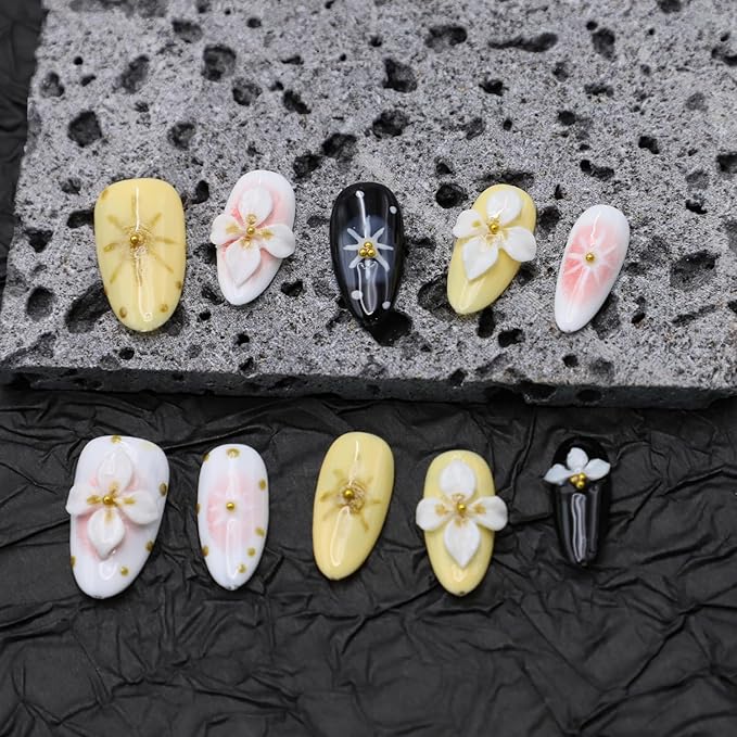 Handmade Almond Acrylic Press-On Nails, 10 Pieces (5 Sizes) with Glue, 3D Flower Art Designs, Gold Glitter Tips, Full Cover, Salon-Quality, Reusable, 24 Pack