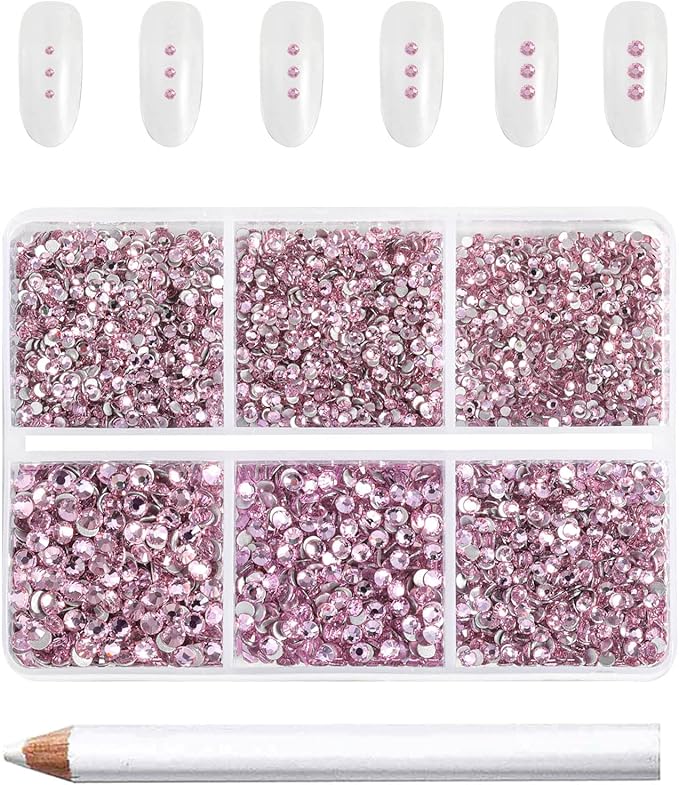 Beadsland 7200pcs Flatback Rhinestones,Pink Rhinestone Nail Gems Round Crystal for Crafts,Mixed 6 Sizes with Wax Pencil Kit, SS3-SS10,Light Rose/Light Pink