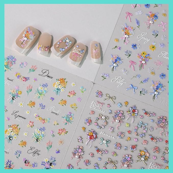Spring Bouquet Nail Art Stickers, Flower Floral Rhinestone Spring Summer Nail Decals Design, Self-Adhesive, Nail Accessories & Supplies 3 Sheets
