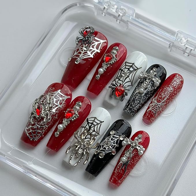 Luxury Halloween Press on Nails Medium Coffin Handmade 3D Unique Reusable ABS Material Fake Nails Gothic False Nails with Designs Spider Charms Spider Web Glossy Glue on Nail Thick Acrylic Nail(S)