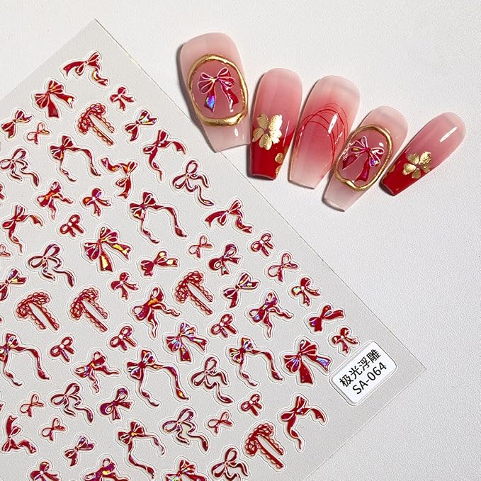 1Sheets Aurora Bow Nail Stickers 5D Embossed Valentines Nail Art Stickers Self Adhesive Cute Nail Decals Red Ribbon Bow Nail Supplies Wedding Sticker Decorations for Women DIY Valentines Manicure