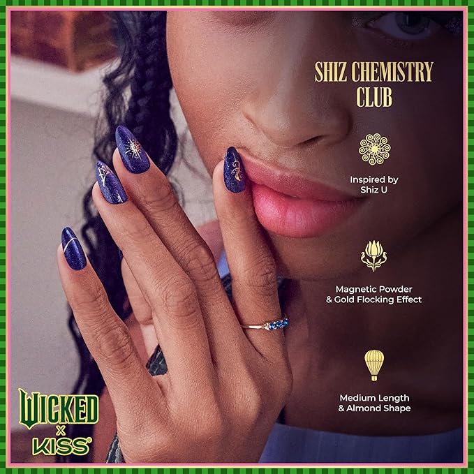 WICKED X KISS Press On Nails Almond, ‘Shiz Chemistry Club’, Blue, Medium, Waterproof, Chip Proof, Smudge Proof, 28 Fake Nails, Pink Gel Nail Glue (2g), Mini Nail File, & Manicure Stick