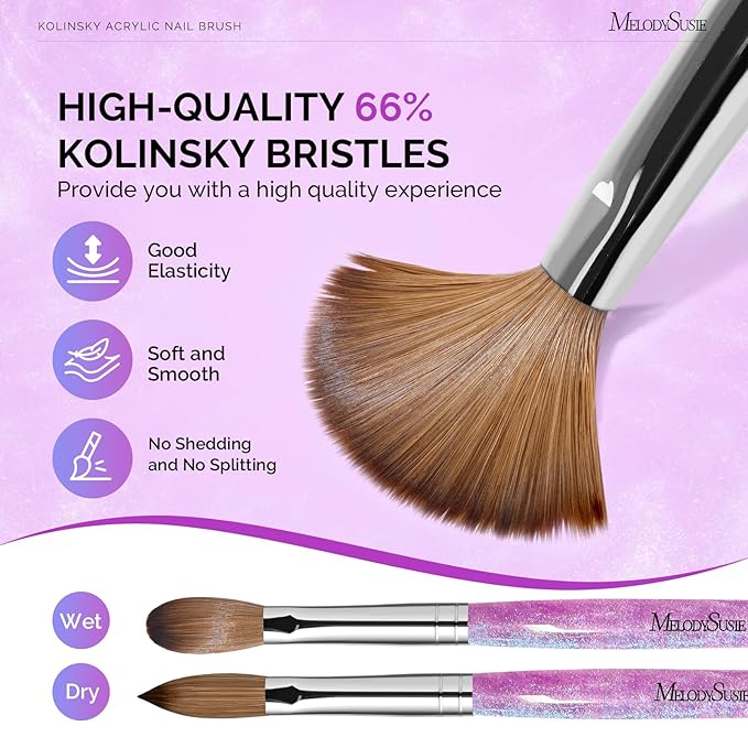 MelodySusie Kolinsky Acrylic Nail Brush,66% Kolinsky Hair Professional Nail Art Brush for Acrylic Application, Aurora Collection Fine Glitter Brush, Purple, Size 10