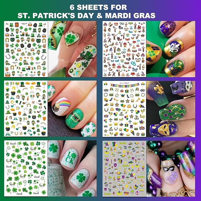 30 Sheets 8 Holiday Nail Art Stickers, Variety Pack All Season Nail Decals for All Year, Self-Adhesive Pegatinas Uñas 4th of July Halloween Fall Christmas Valentine St. Patrick's