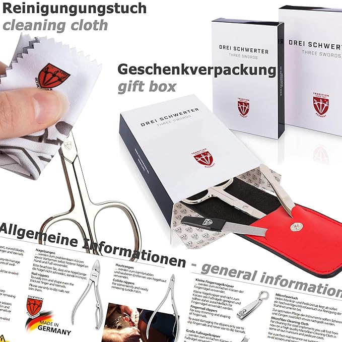 3 Swords Germany - brand quality 8 piece manicure pedicure grooming kit set for professional finger & toe nail care scissors file clipper fashion leather case in gift box, Made by 3 Swords (01634)