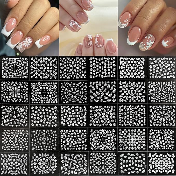 90Sheets Nail Stickers for Nail Art Decals White Flower Gold Aurora Star Moon Heart Line Nail Art Designs 3D Self-Adhesive Nails Supplies with Nail Tweezer for Women Girls Nails Decoration