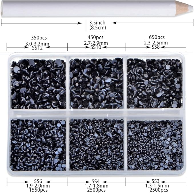 8000pcs Hotfix Rhinestones Flatback,Rhinestones for Crafts Clothes Mixed 6 Sizes, Hotfix Crystals with Wax Pencil Kit, SS3-SS12,Black
