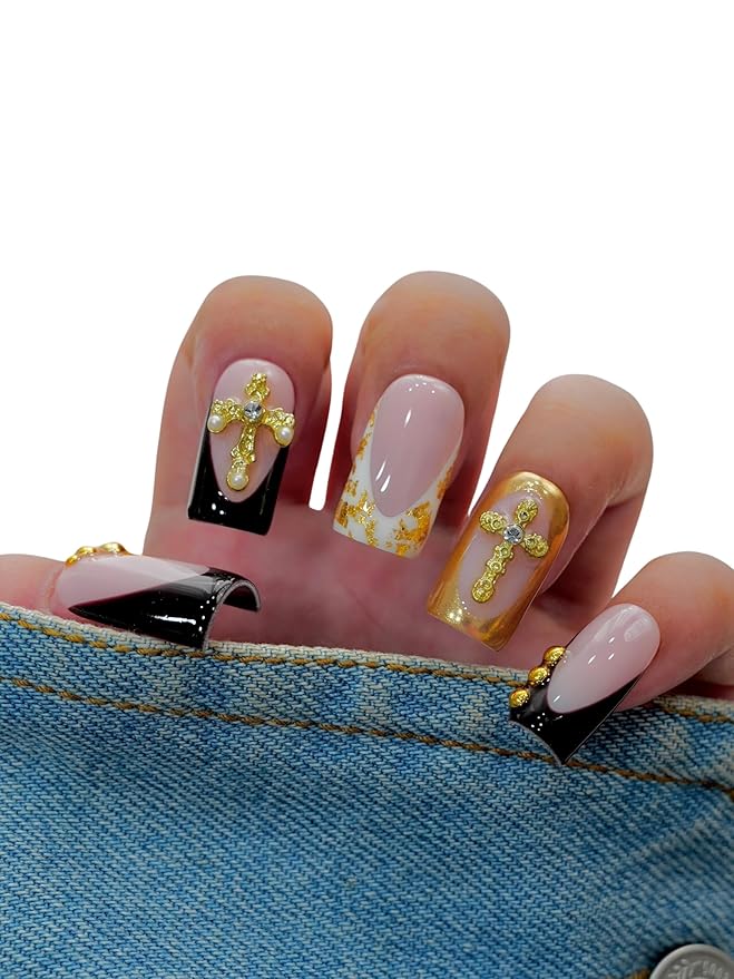 Euphrosyne Luxury Press On Nails – 10pcs Long Square Fake Nails in Nude Pink and Black with Gold Cross Charms, Pearl Accents & Letter Plaques