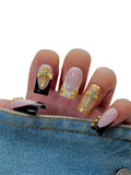Euphrosyne Luxury Press On Nails – 10pcs Long Square Fake Nails in Nude Pink and Black with Gold Cross Charms, Pearl Accents & Letter Plaques |
