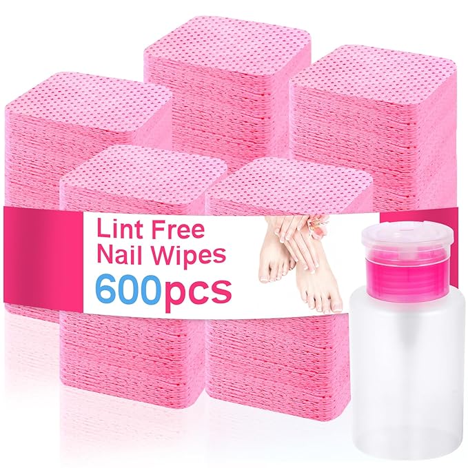 600 PCS Lint Free Nail Wipes,Non-Woven Fabric Nail Cleaning Pads Lash Extensions Glue Cleaning Wipes,accompanied by 1 Empty Pump-Style Bottle Dispenser Nail Care Set (Pink)