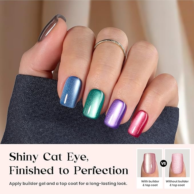 Beetles X Press Plus Cat Eye Nails - Galaxy Aurora | 7 Colors Short Square Press On Nails | 16 Sizes 224 Pcs Natural Salon Quality For Red Blue Purple Nails St Patrick Day