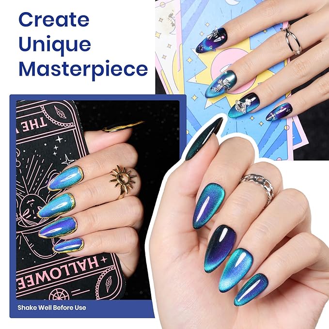 Beetles Blue Cat Eye Gel Nail Polish - 15ML Glitter Blue Chameleon Sparkle Holographic Nail Polish with Magnet Translucent Mystical Aura Gel Soak Off UV LED Nail Lamp Nail Art Manicure Salon DIY Home