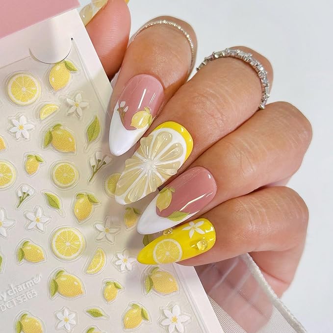 Daily Charme Nail Art 3D Self-Adhesive Nail Sticker Bundles for Nail Art Summer Fun Floral Nail Stickers Plumeria and Lemon Blooms Heart Sticker Decals Charming Design Accessories for Women DIY