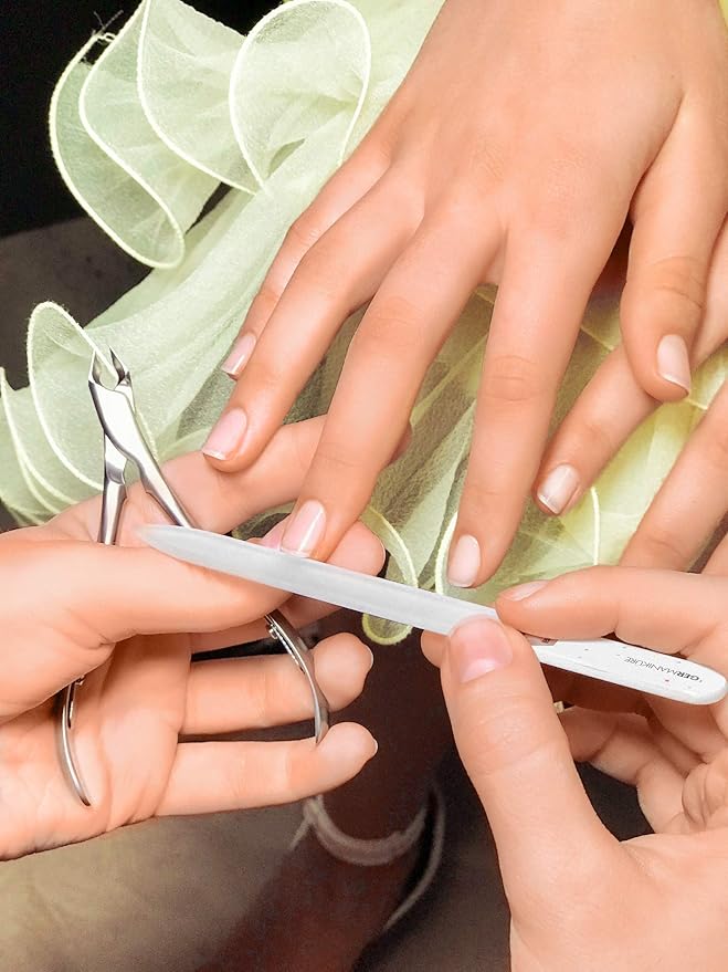 GERMANIKURE 6pc Manicure Set in Gray Suede Case - FINOX Stainless Steel Tools Made in Germany, Glass Nail Care Supplies Made in Czech Republic – Professional Cuticle and Nail Care Kit