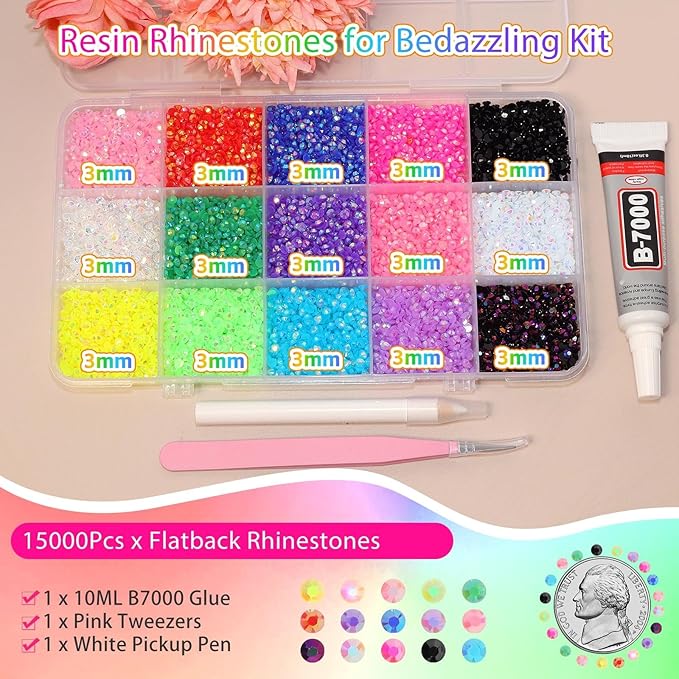 15000Pcs Color Rhinestones for Bedazzling Kit, 3mm Jelly Bedazzling for Crafting, Resin Flatback Rhinestones for Bedazzling, Color Gems Diamond for Crafting Face Makeup DIY Accessories