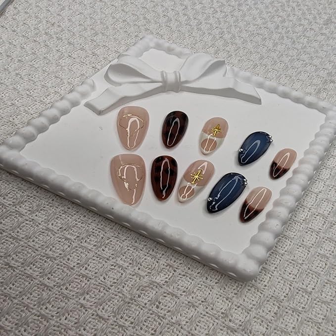Handmade Nails Almond Shape Ins Style Gilded Star Accents French Details Leopard Print Patterns Nude Pink & Navy Blue Base Glossy Surface Fashion Manicure Wear Press on Nails 10 pcs (S)