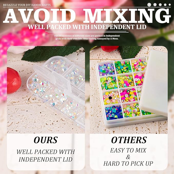 7000PCS Resin Rhinestones with Tweezers for Crafting, 2/3/4/5/6mm Flatback Jelly Rhinestones, 4 Box Transparent AB Non Hotfix Crystal Gems for DIY Crafts Mugs Tumblers Clothes Makeup Nail