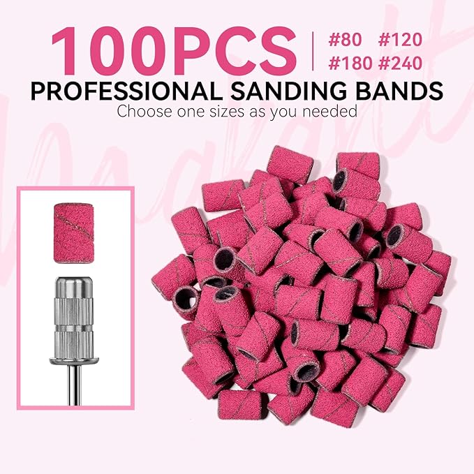 Makartt Sanding Bands for Nail Drill - 100 Pcs Nail File Sanding Bands for Drill Bits #80 Medium Grits for Acrylic Nails Gel Removing and Shaping, Upgrade Thicker Durable Sanding Drill Bit, Pink