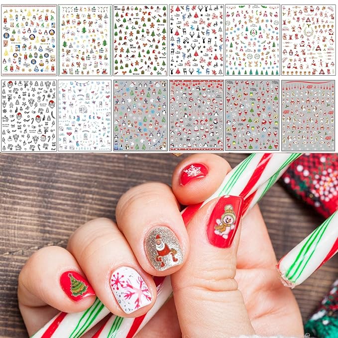 TailaiMei Christmas Nail Decals Stickers, Self-Adhesive Nail Art Decorations, Design for Santa Claus Snowflake Snowman (1366 Pcs, 12Sheets)