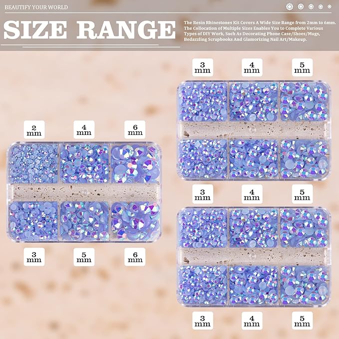 Resin Rhinestones Crafting, 2/3/4/5/6mm Flatback Jelly Rhinestones, 3 Box Sky Blue AB Non Hotfix Crystal Gems for Bedazzling Crafts Mugs Tumblers Clothes Makeup Nail