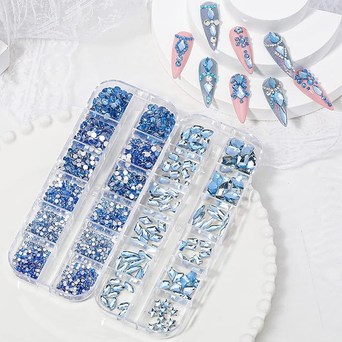 HNUIX Nail Rhinestones - 3D Multi Shape Size Crystal, Light Blue Nail Gems, Flat Back, with Kit, for Nail Art, DIY Decorations