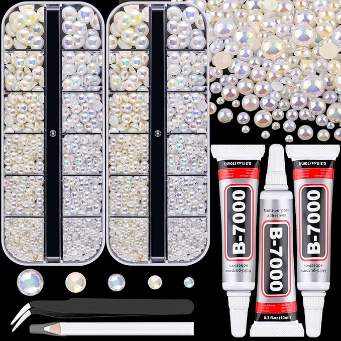 Flatback Pearls for Crafting with 3Pcs 10ml B7000 Jewelry Glue, 2 Boxes of Half Round Beige AB and White AB Pearls, Bedazzling Beads for DIY Crafts Clothing Tumblers Shoes Embellishment Nail Art