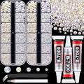 Flatback Pearls for Crafting with 3Pcs 10ml B7000 Jewelry Glue, 2 Boxes of Half Round Beige AB and White AB Pearls, Bedazzling Beads for DIY Crafts Clothing Tumblers Shoes Embellishment Nail Art