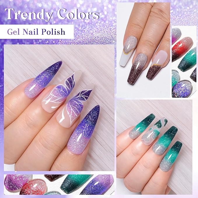 MEET ACROSS Color Changing Gel Nail Polish Set, 12 PCS Shimmer Glitter Mood Temperature Change Colors Kit, Black Brown Green Purple UV Thermal Manicure Gel Gift