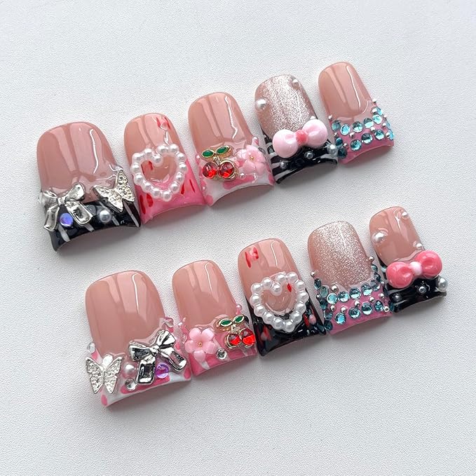 French Tip Press on Nails Handmade Short Duck 3D Flower Thick Acrylic Nails Cute False Nails with Bow Cherry Rhinestones Pearls Designs Glossy Fake Nail Sturdy Art Press on Nail 10Pcs(S)