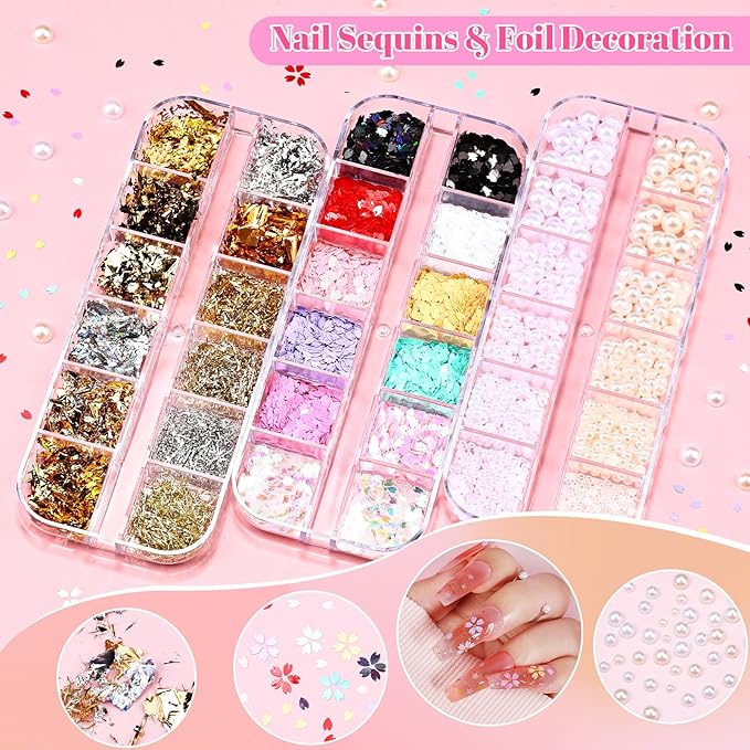 9 Boxes Nail Art Rhinestones Kit with 30 Sheets Nail Art Stickers, Gold Nail Studs Nail Sequins Flatback Pearls Rhinestones for Crafts, Small Fruit Nail Charms Tiny Gems for Nails DIY Decorations