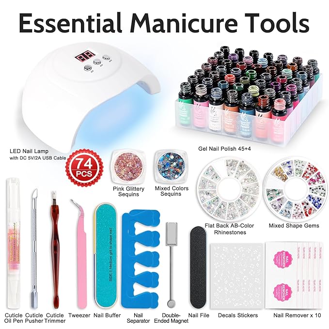 Lavender Violets 45 Colors Gel Nail Polish Kit with U V Light Nude Pinky Jelly Colors 9D Cat Eye Candy Glitter Primer Base Glossy & Matte Top Coat for Home Nail Art Design DIY Gift Set 01
